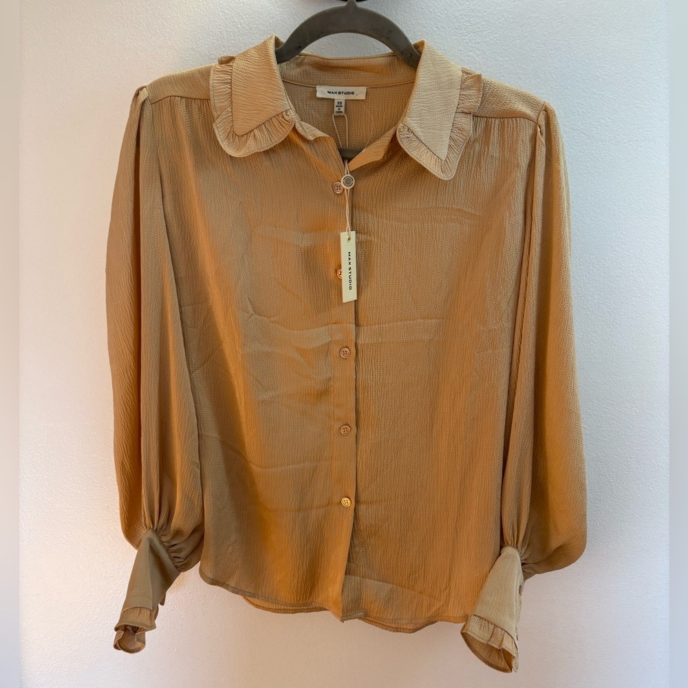 Max Studio Gold Dark Champage Ruffle Blouse XS - Picture 1 of 6